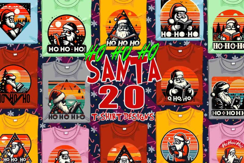 20 Trendy Colourful Book Lover Christmas Santa Claus Reading Book t-shirt design bundle for Christmas 2024