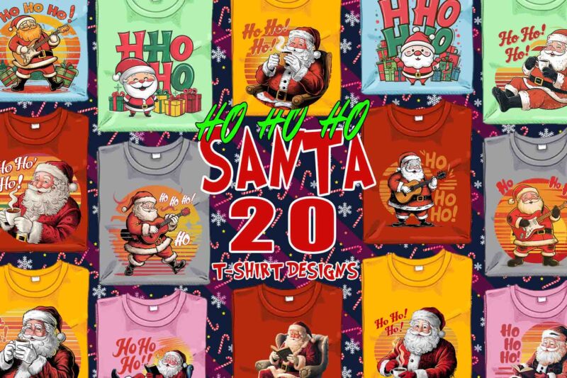 Trendy Funny Christmas Santa Claus t-shirt design bundle of 20 designs – download instantly Retro Vintage Tee Illustration Clipart Bundle