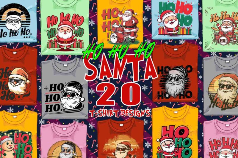 Trendy Christmas Santa Claus t-shirt design bundle of 20 png & jpeg designs – download instantly Retro Vintage T-shirt for Christmas 2024