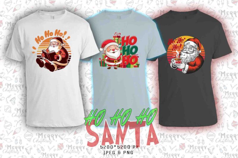 Trendy Christmas Santa Claus t-shirt design bundle of 20 png & jpeg designs – download instantly Retro Vintage T-shirt for Christmas 2024