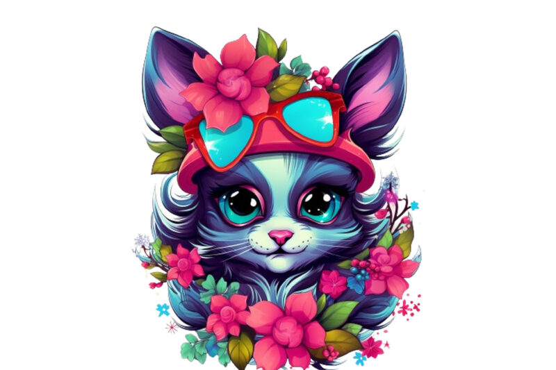 neon christmas cartoon lady cat with flower