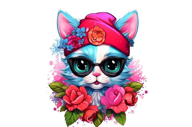 neon christmas cartoon lady cat with flower