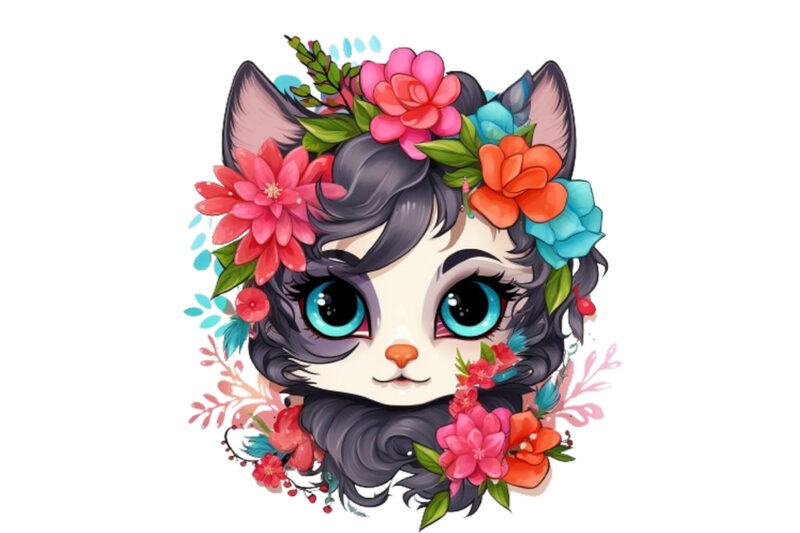 neon christmas cartoon lady cat with flower