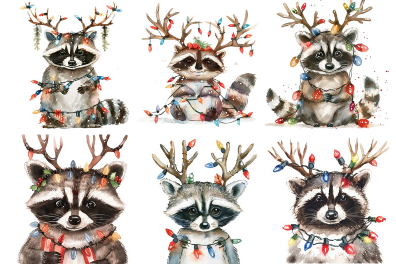 watercolor raccoon wearing reindeer