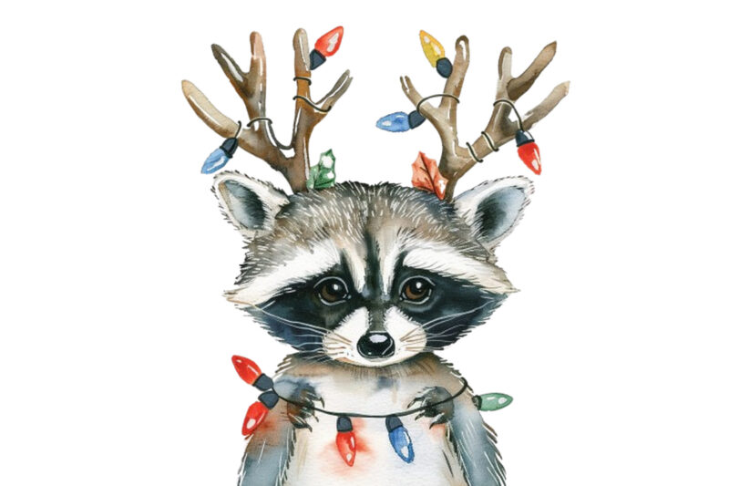 watercolor raccoon wearing reindeer