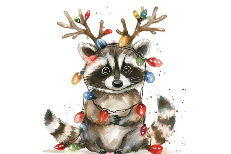 watercolor raccoon wearing reindeer