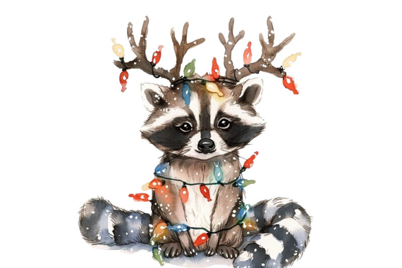 watercolor raccoon wearing reindeer