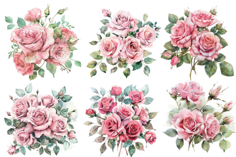 romantic watercolor bouquet of pink roses