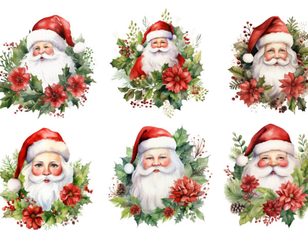 Santa with green vine leaves watercolor t shirt template vector