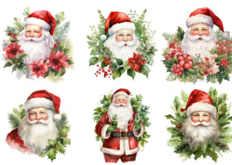 santa with green vine leaves watercolor