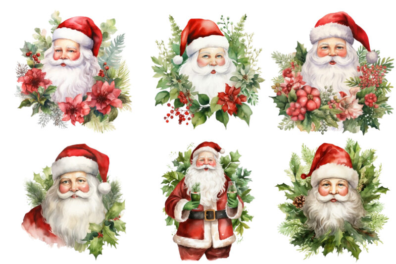santa with green vine leaves watercolor