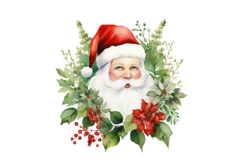 santa with green vine leaves watercolor