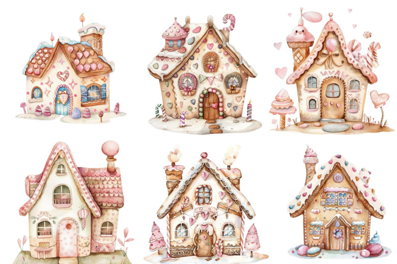watercolor Pastel gingerbread house clipart