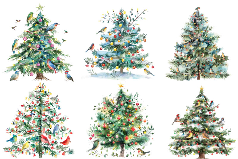 watercolor chrismas tree with fairy lights