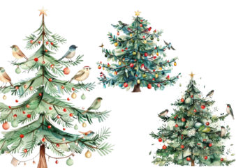 watercolor chrismas tree with fairy lights