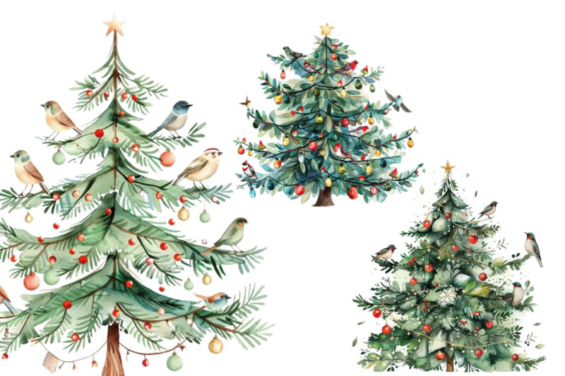 watercolor chrismas tree with fairy lights