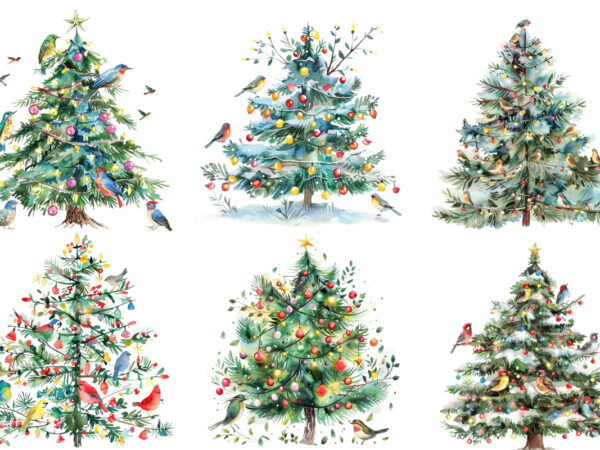 Watercolor chrismas tree with fairy lights t shirt design for sale
