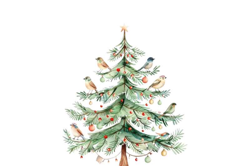watercolor chrismas tree with fairy lights
