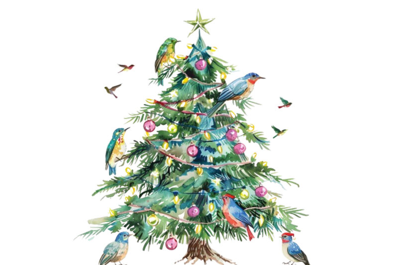 watercolor chrismas tree with fairy lights