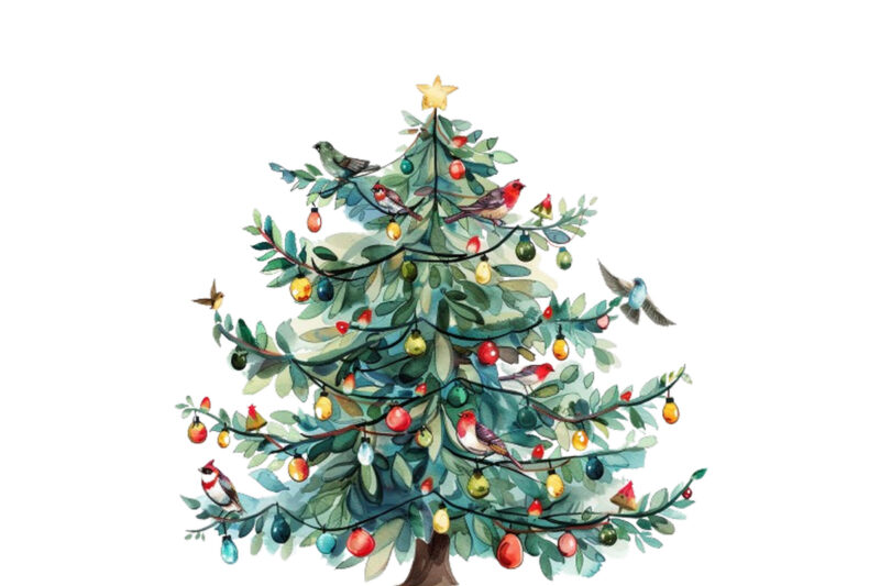watercolor chrismas tree with fairy lights
