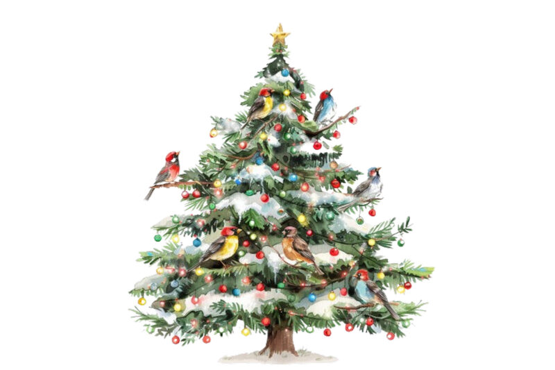 watercolor chrismas tree with fairy lights