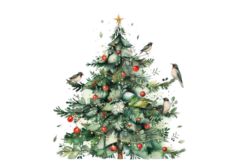 watercolor chrismas tree with fairy lights