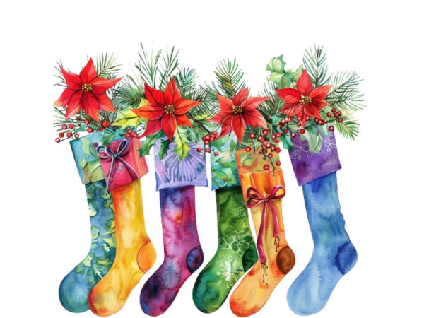 Watercolor series of christmas stockings t shirt design for sale