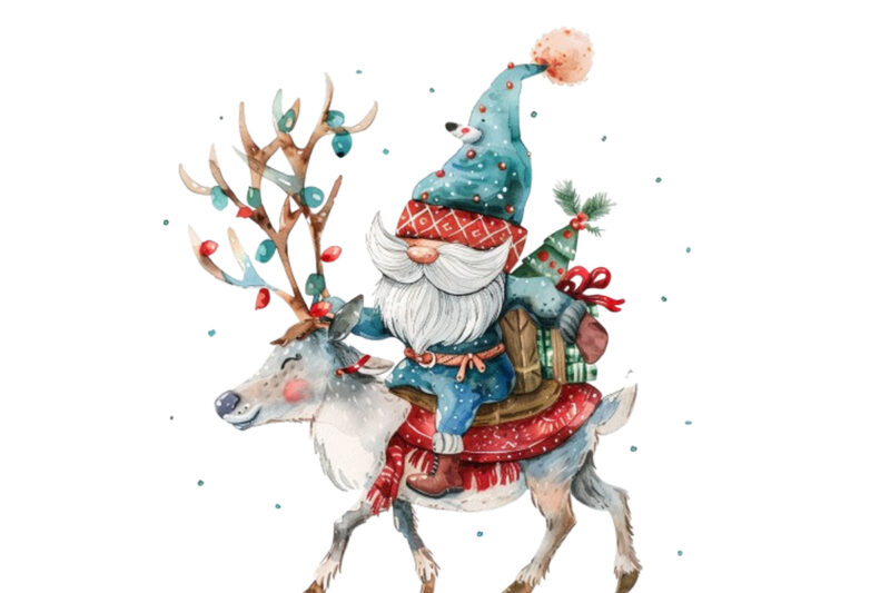 watercolor beautiful gnome ride on cute reind