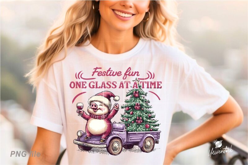 Christmas Pig Drink Wine PNG T-shirt Designs Bundle