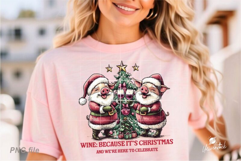 Christmas Pig Drink Wine PNG T-shirt Designs Bundle