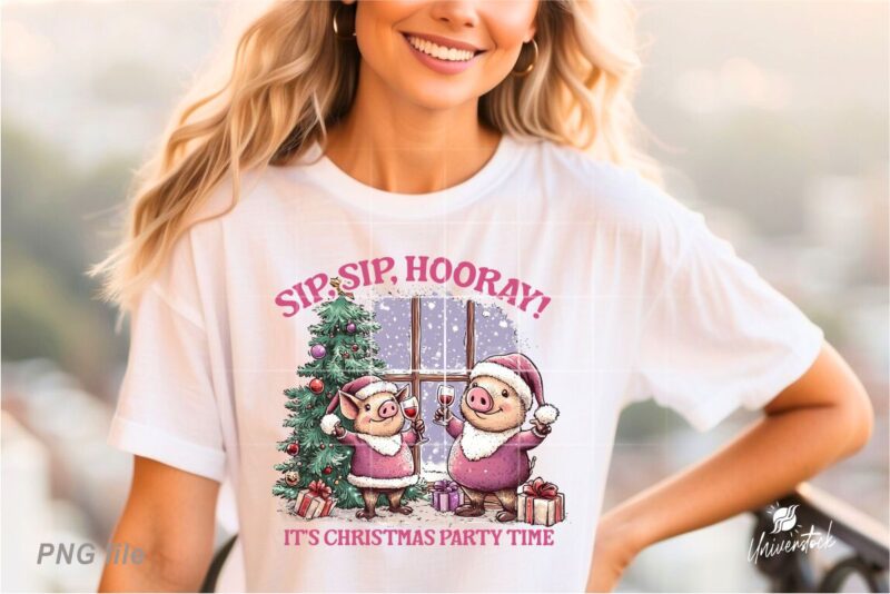 Christmas Pig Drink Wine PNG T-shirt Designs Bundle