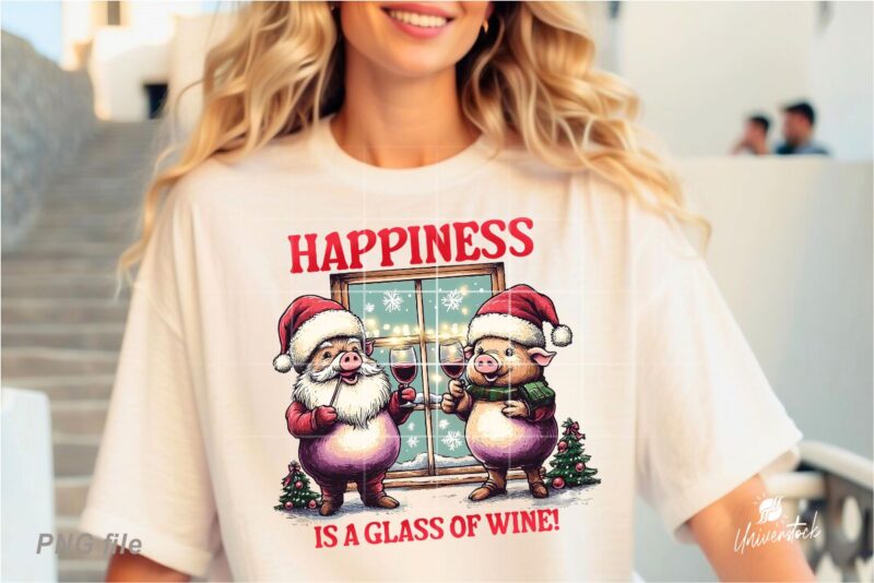 Christmas Pig Drink Wine PNG T-shirt Designs Bundle
