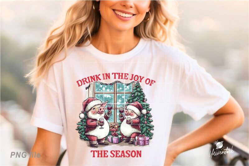 Christmas Pig Drink Wine PNG T-shirt Designs Bundle