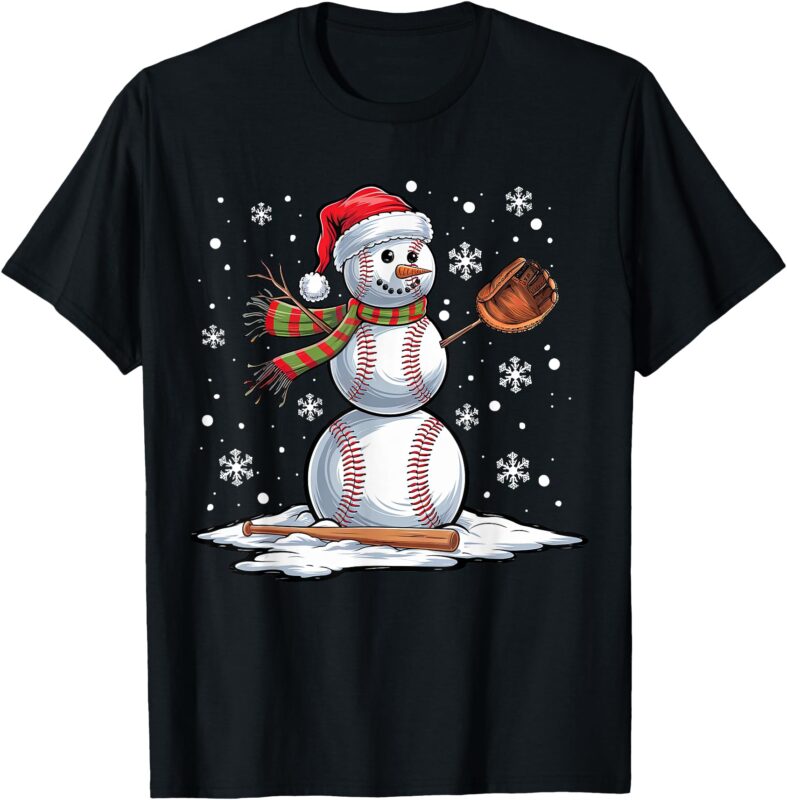 Baseball Snowman Baseball Player Santa Hat Christmas Funny T-Shirt