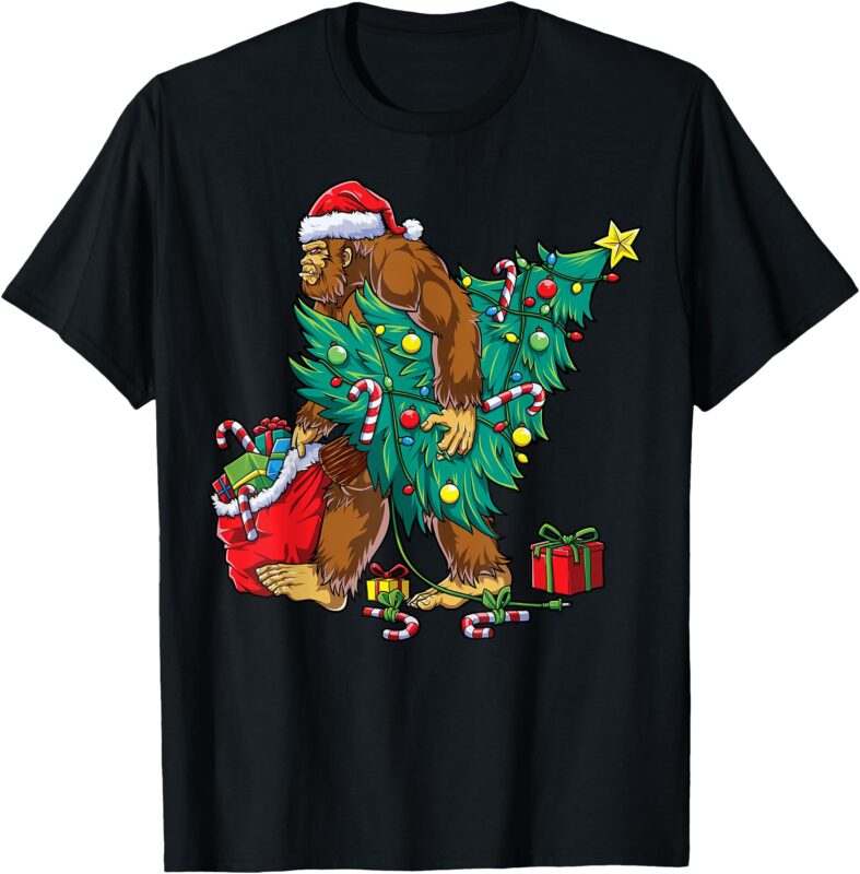 Bigfoot Christmas Tree Lights Xmas Boys Men Sasquatch Lovers T-Shirt