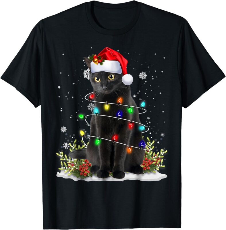 Black Cat Christmas Santa Hat Funny Meowy Cats Women Men T-Shirt