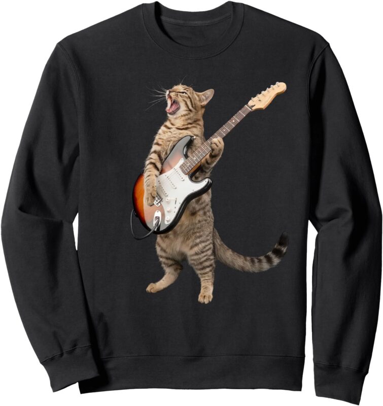 Cat Playing Guitar Shirt Kids Men Women Rock And Roll Band Sweatshirt