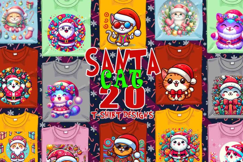 Colourful Christmas Cat Santa Claus t-shirt design bundle of 20 designs – download instantly Retro Vintage T-shirt Design Bundle