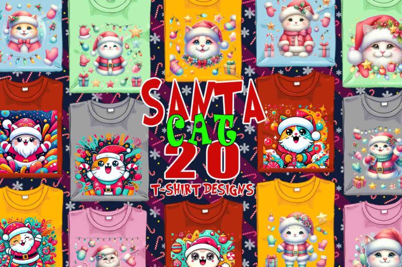 Trendy Christmas Cat Santa Claus t-shirt design bundle of 20 png & jpeg designs – download instantly Retro Vintage T-shirt Bundle
