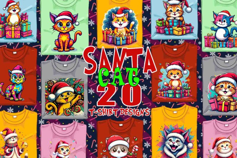 Funny Christmas Cat Santa Claus t-shirt design bundle of 20 designs – download instantly Retro Vintage Illustration Bundle