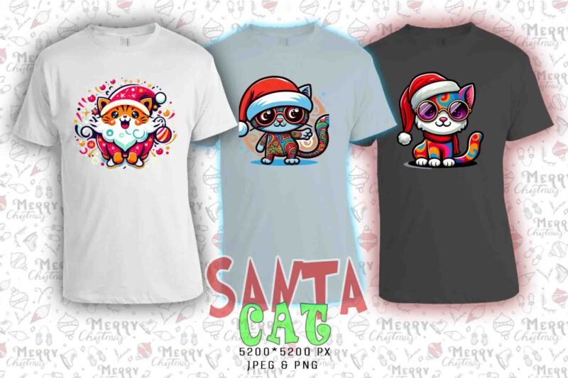 Colourful Christmas Cat Santa Claus t-shirt design bundle of 20 designs – download instantly Retro Vintage T-shirt Design Bundle