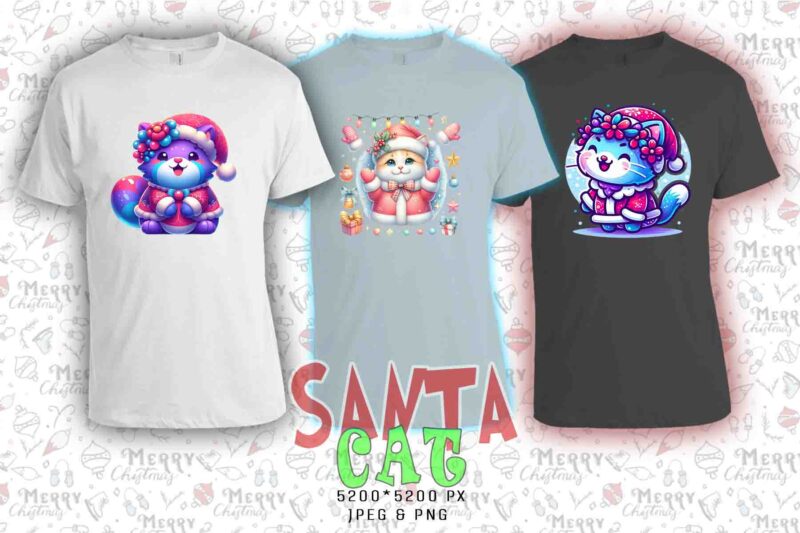 Trendy Christmas Cat Santa Claus t-shirt design bundle of 20 png & jpeg designs – download instantly Retro Vintage T-shirt Bundle
