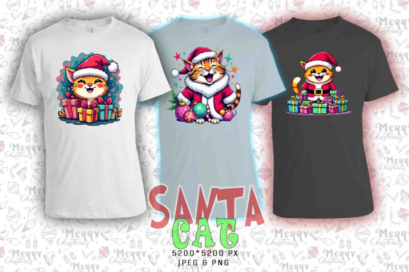 Popular Christmas Cat Santa Claus t-shirt design bundle of 20 designs – download instantly T-Shirt Design