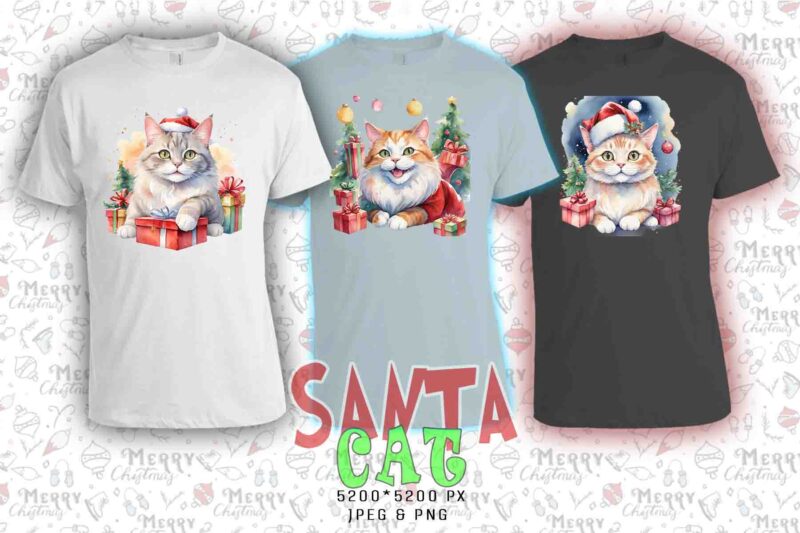 Trendy Christmas Cat Santa Claus t-shirt design bundle of 20 png & jpeg designs – download instantly Retro Vintage T-shirt Design Bundle