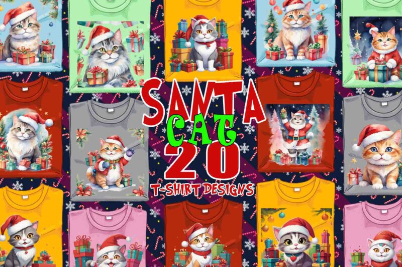 Trendy Christmas Cat Santa Claus t-shirt design bundle of 20 png & jpeg designs – download instantly Retro Vintage T-shirt Design Bundle