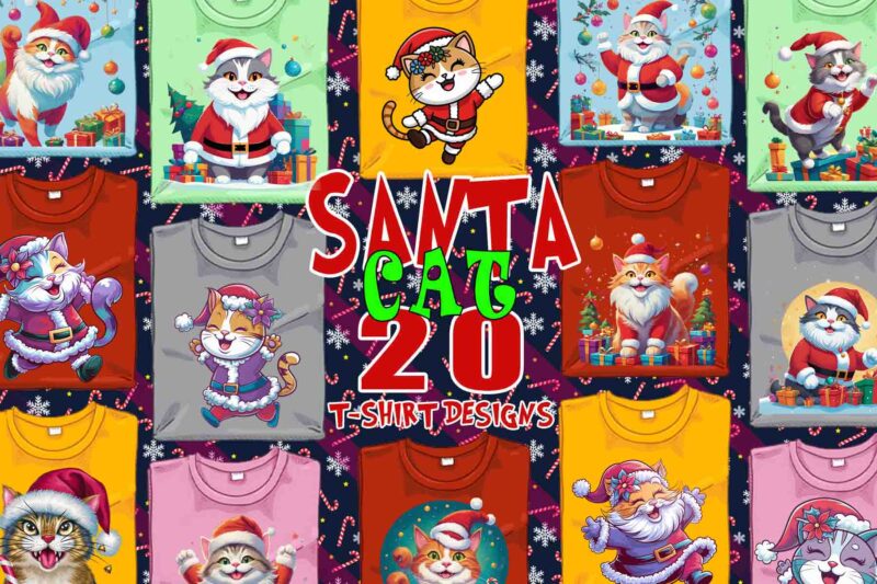 Colourful Christmas Cat Santa Claus t-shirt design bundle of 20 designs – download instantly Retro Vintage T-shirt
