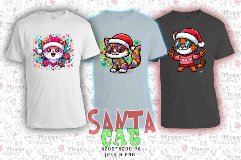 Colourful Christmas Cat Santa Claus t-shirt design bundle of 20 designs – download instantly Retro Vintage T-shirt Design Bundle