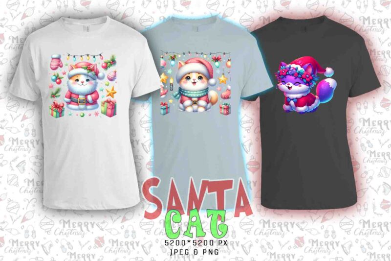 Trendy Christmas Cat Santa Claus t-shirt design bundle of 20 png & jpeg designs – download instantly Retro Vintage T-shirt Bundle