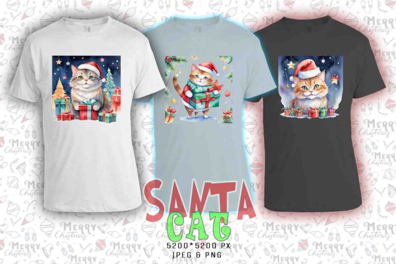 Trendy Christmas Cat Santa Claus t-shirt design bundle of 20 png & jpeg designs – download instantly Retro Vintage T-shirt Design Bundle