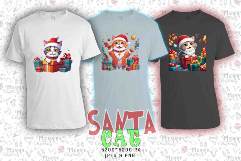 Colourful Christmas Cat Santa Claus t-shirt design bundle of 20 designs – download instantly Retro Vintage T-shirt
